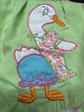 Vintage Cotton Candy Baby Outfit With Embroidered Duck & Floral Trim - Green Rom